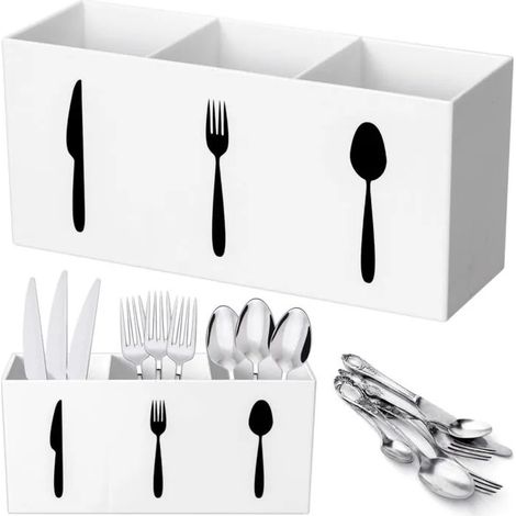 Organisateur de couverts, boîte de rangement, porte-couverts, porte-fourchettes, porte-couverts de comptoir (blanc, taille moyenne (1/3)