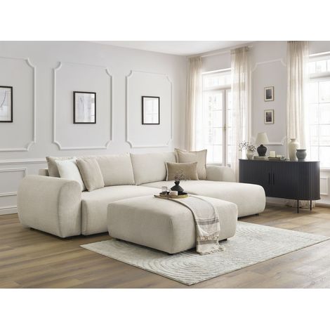 BOBOCHIC - Canapé d'angle convertible coffre LUCIEN tissu lisse avec pouf Angle droit  Beige (1/5)