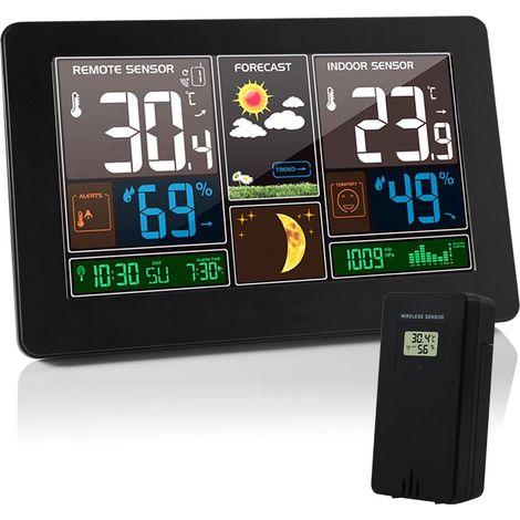Station Météo Thermomètre Hygromètre Baromètre Intérieur Extérieur avec Capteur LED Ecran, Rétro-éclairage Horloge Numérique Affichage Heure Date Jour Phase de Lune (Noir) (1/5)