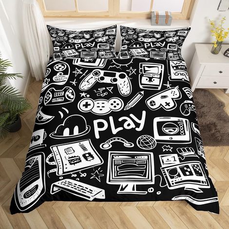Housse de Couette 220x240 Garcon Gamer, Parure de Lit Enfant Decoration Chambre Gaming pour Ado Adulte, Sets de Housses de Couettes Jeux Vidéo Gamer, Couvre Lit Croquis Noir et Blanc - 220x240cm + 2 T (1/5)