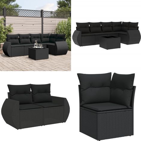 Salon de jardin 6 pcs avec coussins noir résine tressée - Ensemble Salon De Jardin - Meuble De Jardin - Jardin Design - Mobilier Exterieur - Chaise Lounge - Home & Living (1/5)