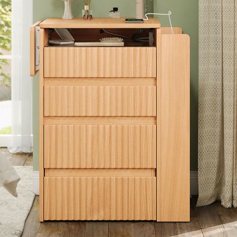 Coiffeuse compacte avec miroir LED rabattable, 2 prises, ports USB et Type-C, siège à roulettes, 3 tiroirs et table rabattable, 79×120×40 cm (1/5)