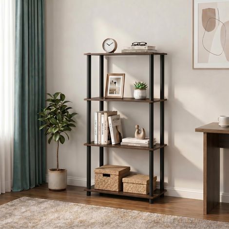 Étagères de Rangement, étagère à Livres à 4 Niveaux, étagère d'angle, étagères Ouvertes sans Outils, pour Organisation et Rangement, Salon, Chambre, entrée, buanderie, Noyer Noir (1/5)