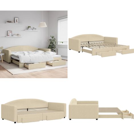 Tagesbett Ausziehbar mit Schubladen Creme 100x200 cm Stoff - Sofa Bett - Gästebett - Schlafsofa - Doppelbett - Raumsparer - Home & Living