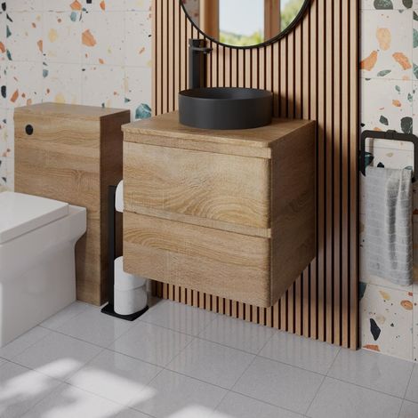 Bathroom Cloakroom Vanity Unit Countertop Wash Basin Wall Hung Wood 600mm (1/5)