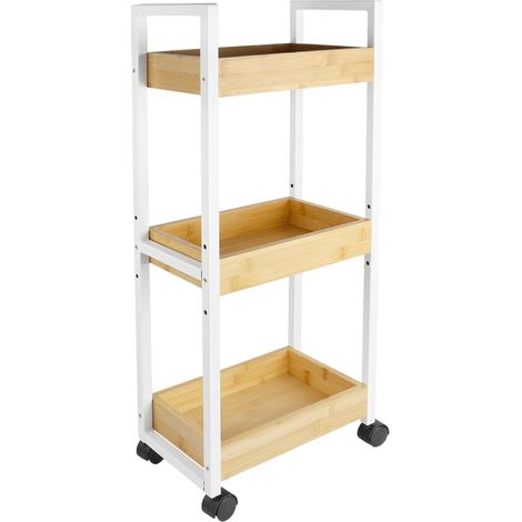 Carrito de baño de bambú con ruedas de 3 niveles, carrito de cocina estrecho, carrito de nicho con 3 cestas, estante de baño, blanco (1/5)