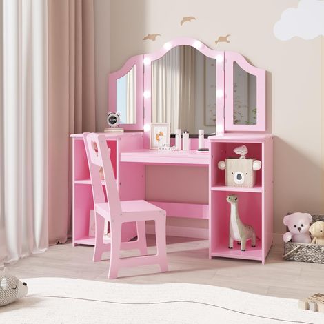 Ensemble coiffeuse princesse 2-en-1 avec chaise, miroir triple à lumière tactile et rangement pour filles (1/4)