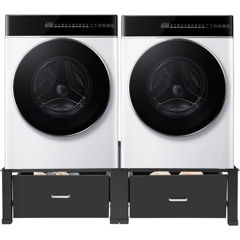 Support pour Machine à Laver Double avec 2 Tiroirs Coulissants, Noir, 126x54x32 cm, Socle avec 2 Compartiments 200 kg, Acier, Base de Lave-Linge, Sous-armoire, Plateforme Haut 32 cm (1/5)