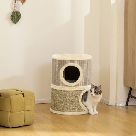 Tonneau à gratter pour chat arbre à chat sisal naturel et herbiers marins recouvert de peluche 35,5x35,5x49cm kaki café (1/4)