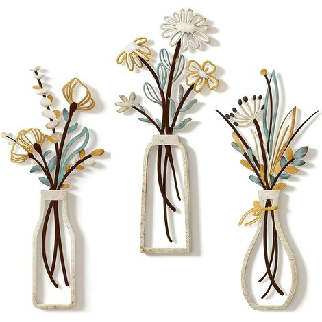 Lot de 3 fleurs murales en métal - Sculpture murale multicolore - Fleurs minimalistes dans un vase - Art mural suspendu en fer pour salon, chambre à coucher, salle de bain - 35 x 15 cm (1/5)