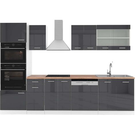 Küchenzeile R-Line, Anthrazit Hochglanz/Weiß, 300 cm mit Hochschrank, AP Eiche, Vicco