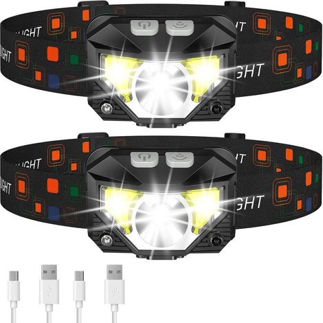 Set aus 2 wasserdichten, bewegungsaktivierten Stirnlampen, ultraleicht, wiederaufladbare LED mit weißem und rotem Licht, 8 Modi für Camping, Wandern und Angeln.