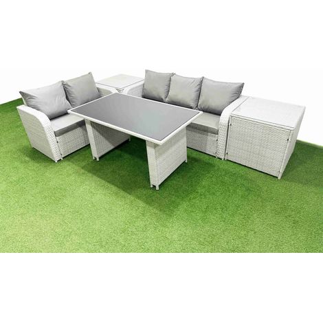 Fimous Garden Furniture Set PE Ratten Garden Sofa Set with Rectangular Dining Table 2 Side Tables Light Grey (1/4)