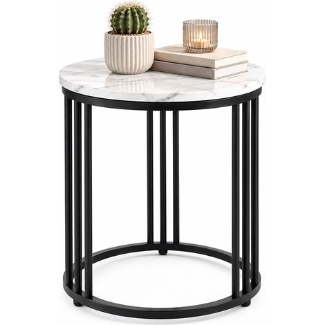 Relaxdays MARMO side table for living room, metal & MDF, marble-effect, round table HxD 51 x 41 cm, black/white (1/5)