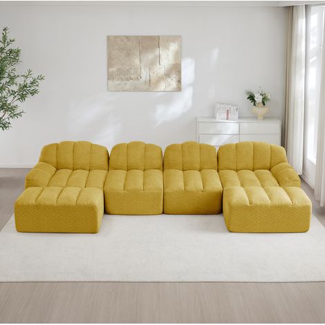 Canapé modulable 4 places en forme de U avec 2 poufs, mousse 32D, tissu jaune, REDOM (1/5)
