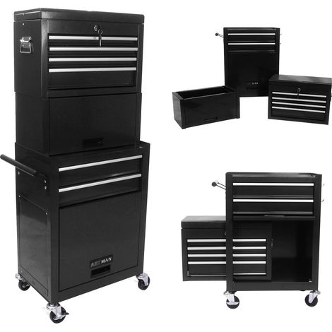 Armoire à outils sur roulettes, caisse à outils roulante à 6 tiroirs verrouillables, 4 roulettes universelles, organisateur de rangement 2 en 1 avec boîte à outils amovible pour garage, atelier, ateli (1/5)