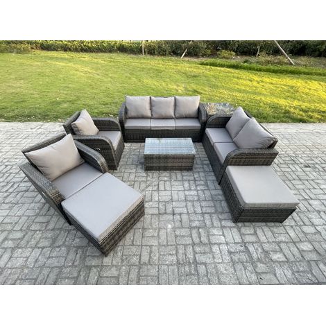 Fimous Rattan Gartenmöbel Set im Balkon 9-Sitzer Garten Sofa Set mit Rechteckiger Couchtisch Liegestühle Loveseat Sofa 2 Beistelltischen 2 hohen Hockern (1/5)
