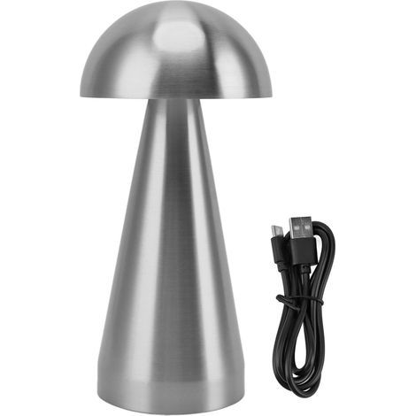 Mushroom-shaped table lamp with 3 dimmable LED color temperatures, wireless and USB rechargeable. Modern bedside lamp for bedroom or living room. Silver. (1/5)