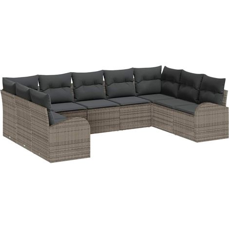 Sofa Set with Cushion 9 pcs Grey Poly Rattan vidaXL