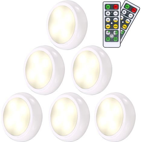 Spots LED sous meuble Lot de 6, luminosité réglable, minuterie 4 niveaux, USB/rechargeable, piles AAA (blanc) (1/5)