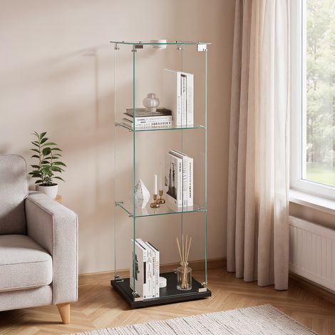 Glas Vitrinenschrank mit Berührungsleuchte, Modern Glasvitrine mit 3 Ablagen für Sammlerstücke, Standvitrine mit 1 Tür und Schloss, für Wohnzimmer, Schlafzimmer und Büro, Schwarz (1/5)