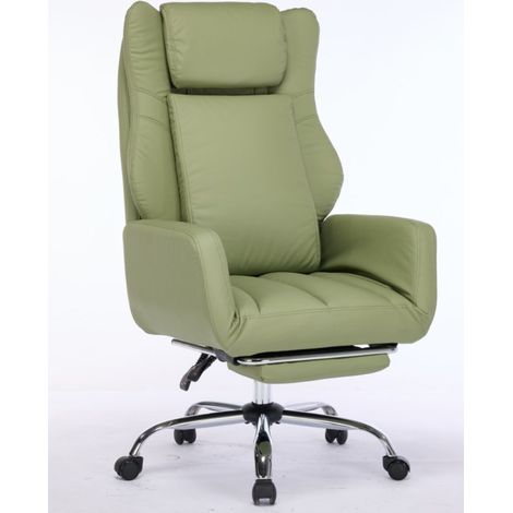 Fauteuil de travail ergonomique en simili-cuir vert, inclinable, pivotant 360°, repose-pieds rétractable, dimensions 83,00 × 66,50 × 41,00 cm, base chromée (1/2)