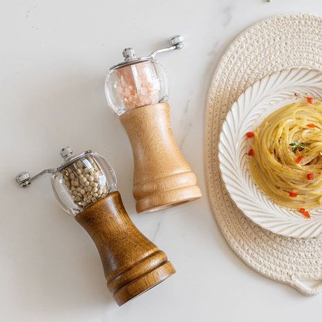 Molinillo manual clásico para pimienta negra tostada, madera, acrílico, cuchilla de cerámica, mango de metal. (1/3)