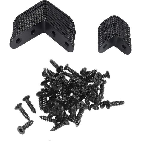 Lot de 20 équerres noires en L à angle droit (90°) en acier inoxydable, pour la fixation de chaises, étagères, panneaux, fenêtres, meubles et armoires en bois (10 pièces - 40 mm). (1/5)