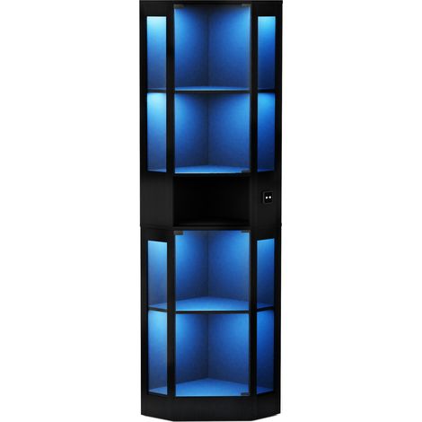 Vitrine aus Glas mit 5 Ebenen, LED-Beleuchtung und Glastüren, Schwarz (1/5)