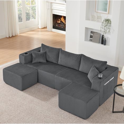 Divano angolare modulare 3 posti grigio con pouf mobili, tessuto morbido e portabicchieri (1/5)