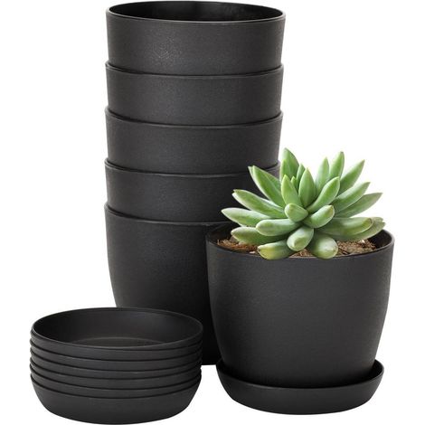 8er Set Blumentöpfe 10cm mit Untersetzern, Kunststoff, Schwarz (1/5)
