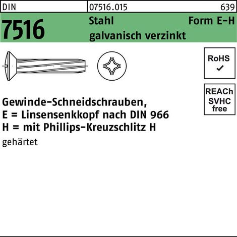DIN 7516 Form E LinsenSenkkopf-Gewindeschneidschraube VG M6x50 Stahl galvanisch verzinkt PH 500 Stk (1/2)