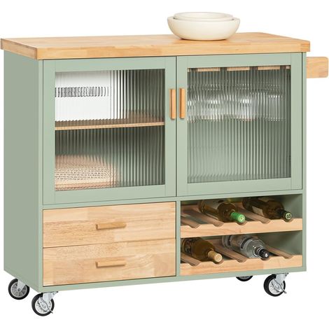 Sobuy – Desserte de cuisine sur roulettes FKW114GR – Îlot central avec plateau en bois d'hévéa – 2 portes, 2 tiroirs, porte-bouteilles 2 niveaux – Vert (1/5)