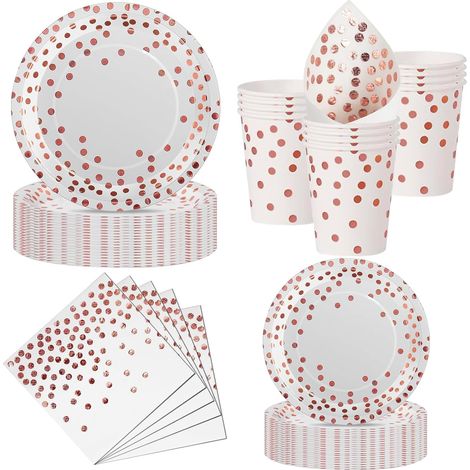 Set 50 Pièces Vaisselle Jetable, Assiettes 23cm et 18cm, Gobelets Robustes, Serviettes Douces, Finition Rose Gold, Pour Mariage et Anniversaire