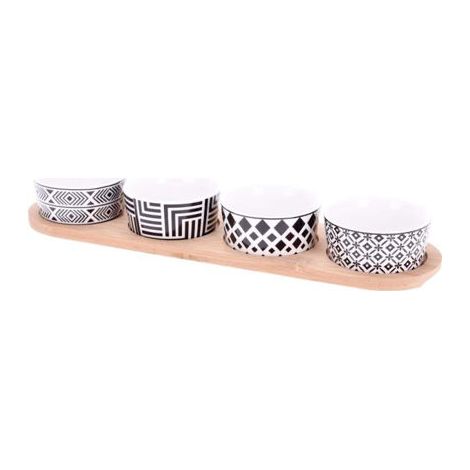 BOL PORCELANA 4 UNIDADES CON TABLA BAMBÚ