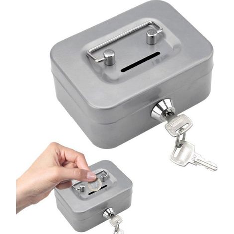 Tirelire - Coffre-fort à clé en acier émaillé - Fente pour pièces - 6 x 12,5 x 9,5 cm - Argent - 1 pièce (1/5)