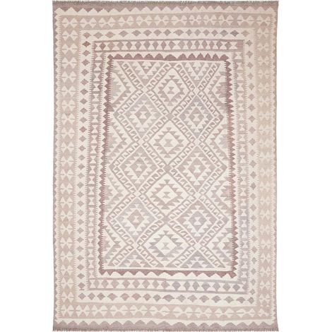 Tapis kilim 198 x 296 cm, motif géométrique, crème, beige et rose, laine naturelle, tissé plat authentique (1/5)