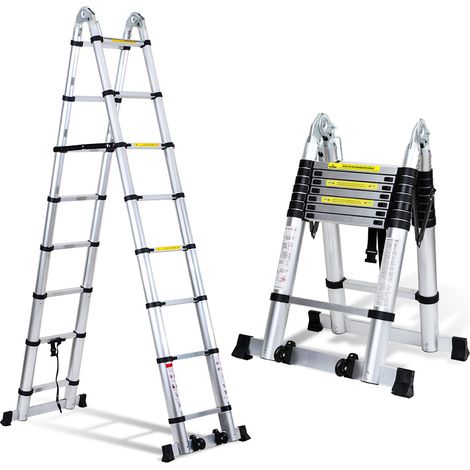 Wolketon Échelle télescopique Échelle pliante Aluminium Escabeau sans crochets Avec stabilisateur Avec roues 2.5m+2.5m Argent