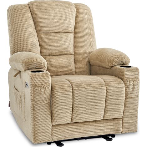 M MCombo Fernsehsessel elektrisch verstellbar, Relaxsessel mit Liegefunktion, TV Sessel mit Massage & Wärmefunktion, USB & Getränkehalter, Wohnzimmer, Stoff, 7008 (Beige-Stoff)