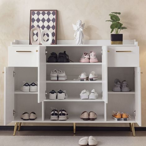 Armoire à chaussures,porte-chaussures avec 2 tiroirs et 4 portes,pieds métalliques,dimensions : W130/W37/H100,blanc