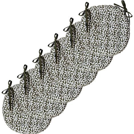 Atout Lot de 6 Galettes de Chaise Rondes Bicolores D.40cm, Kaki imprimé/uni (1/5)