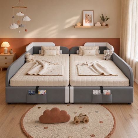 Lit coffre enfant en velours gris 90 x 200 cm x2, rangement hydraulique, barrière souple, HAVRYA (1/5)