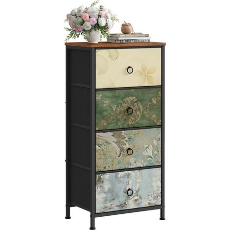 WOLTU 4 Drawer Chest of Drawers Bedroom Storage Furniture, Rustic Brown and Black with Retro Flower Pattern (1/5)