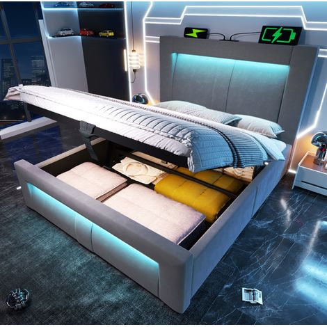 Cama individual 90/200 cm gris de terciopelo con arcón, LED y puertos USB-C (1/5)