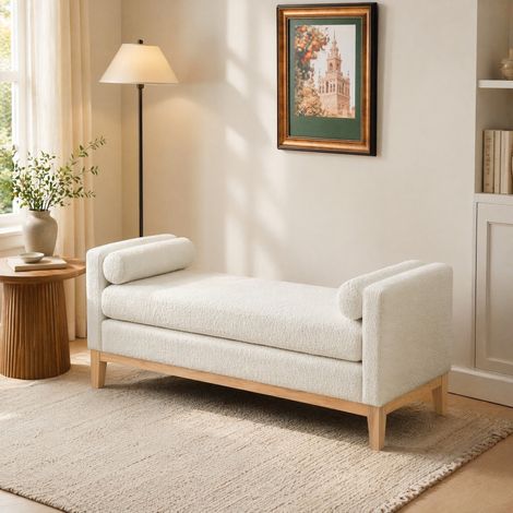 Banco capitoné de tejido bouclé marfil con patas de madera, 149 x 50 x 63,5 cm, REDOM (1/5)