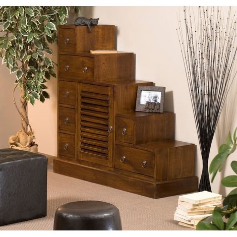 Macabane – Meuble escalier 105x37x102 cm en bois Mindi marron – 5 tiroirs et porte persienne – Style ethnique contemporain (1/5)