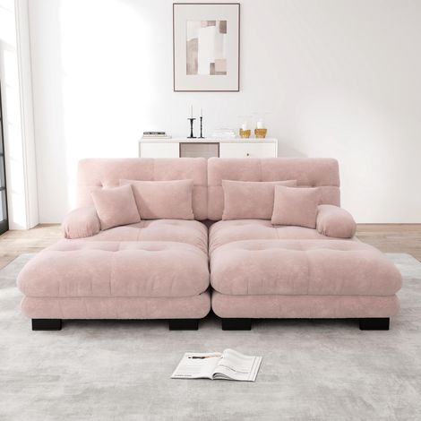 Canapé d'angle nuage pour salon, canapé deux places en chenille rose avec 2 coussins lombaires et 2 coussins décoratifs, canapé capitonné avec larges accoudoirs et 2 poufs