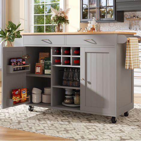 Isla de cocina 102x45x92 cm en MDF y metal gris, con almacenamiento, para cocina FloraGrace (1/5)
