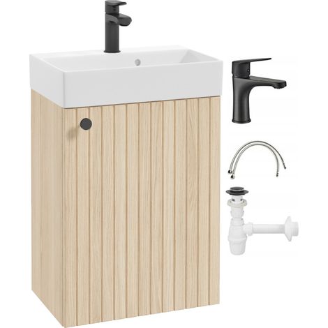 Badezimmerschrank mit Waschbecken in Vicenza-Eiche mit schwarzem Wasserhahn und Griff 50x70cm Kiara
