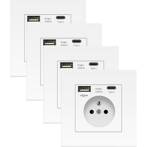 4pcs Wall Socket with USB & Type-C, Surge Protection, 16A 250V, 86mm White (1/5)